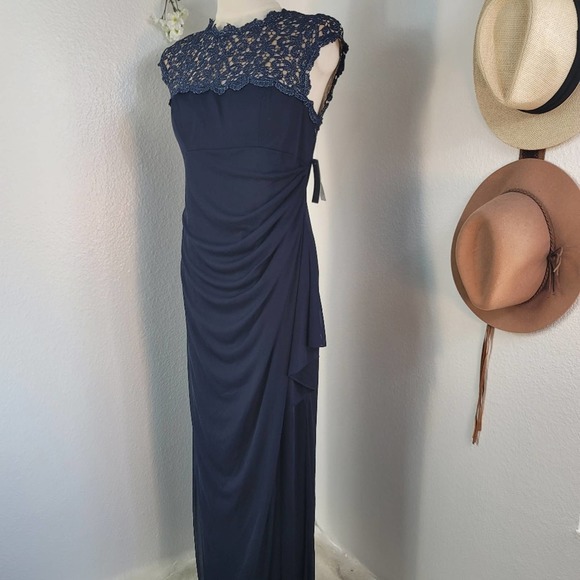 ALEX EVENINGS WOMEN'S METALLIC CUTOUT LACE DRESS NAVY GOLD METALLIC SZ 6… - Picture 6 of 13